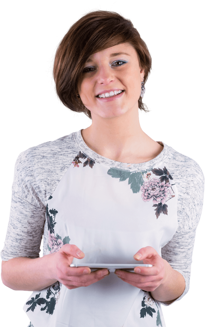 Cheerful Brunette Smiling and Holding Smartphone Transparent Background