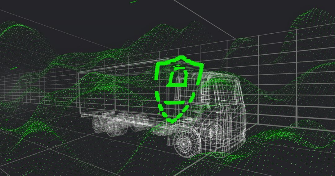 3D Wireframe Tractor-Trailer with Neon Shield Padlock Representing Automotive Cybersecurity