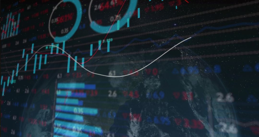 Global Financial Market Analysis with Digital Dashboard Overlay