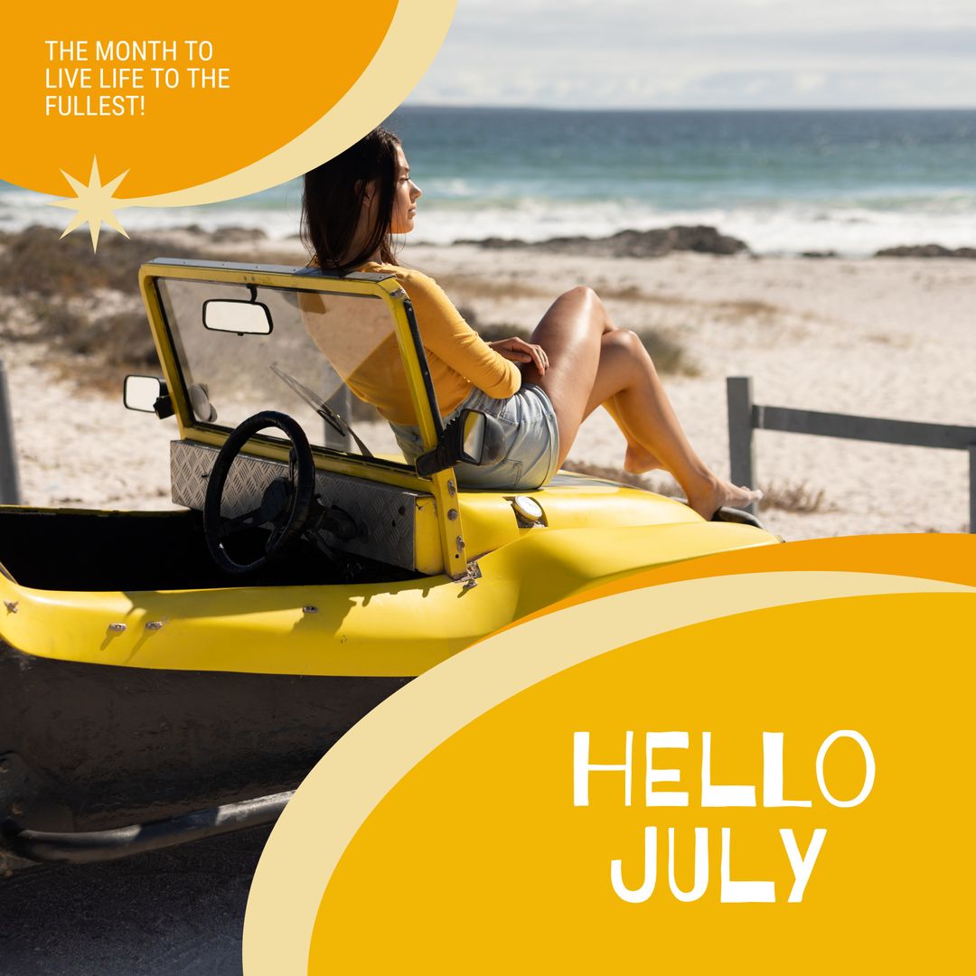 Woman Enjoying Beach Adventure with Vibrant July Typography