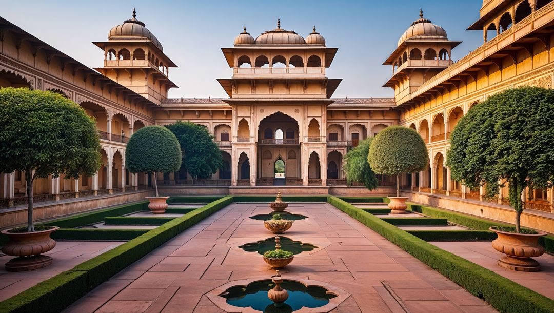 Mughal Architecture with Symmetrical Courtyard and Tiered Fountains