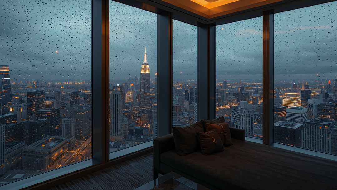 Rain-Kissed Manhattan Skyline Through Luxury Penthouse Floor-to-Ceiling Windows at Dusk