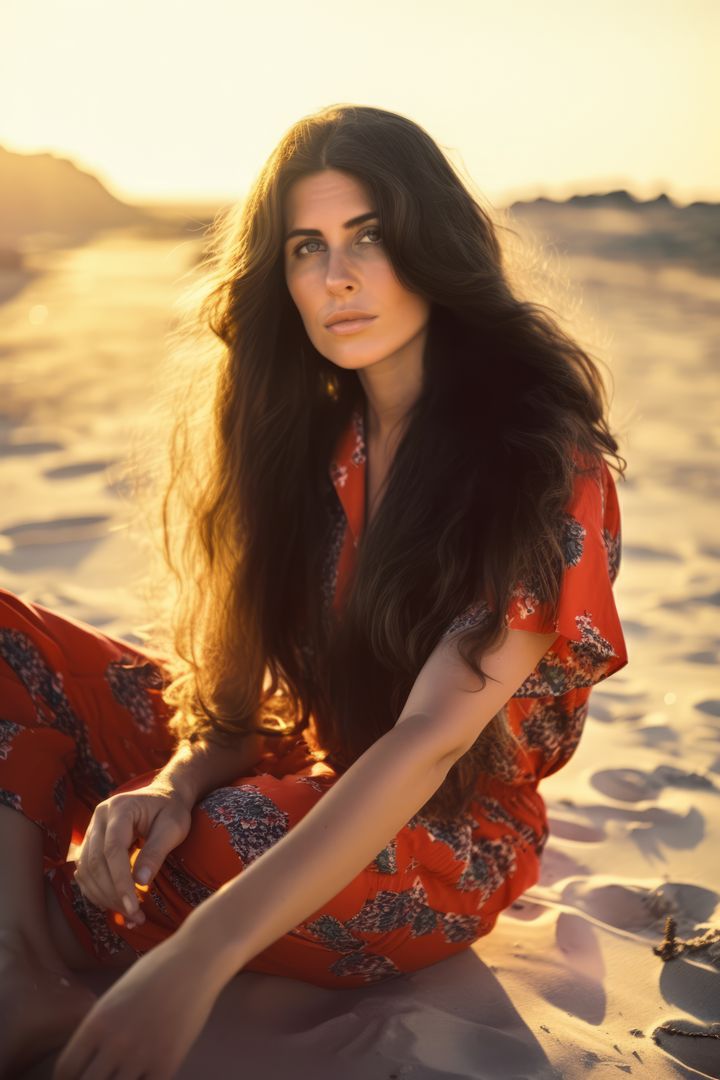 Elegant Woman Sitting on Sandy Beach at Sunset in Summer - Free Images, Stock Photos and Pictures on Pikwizard.com