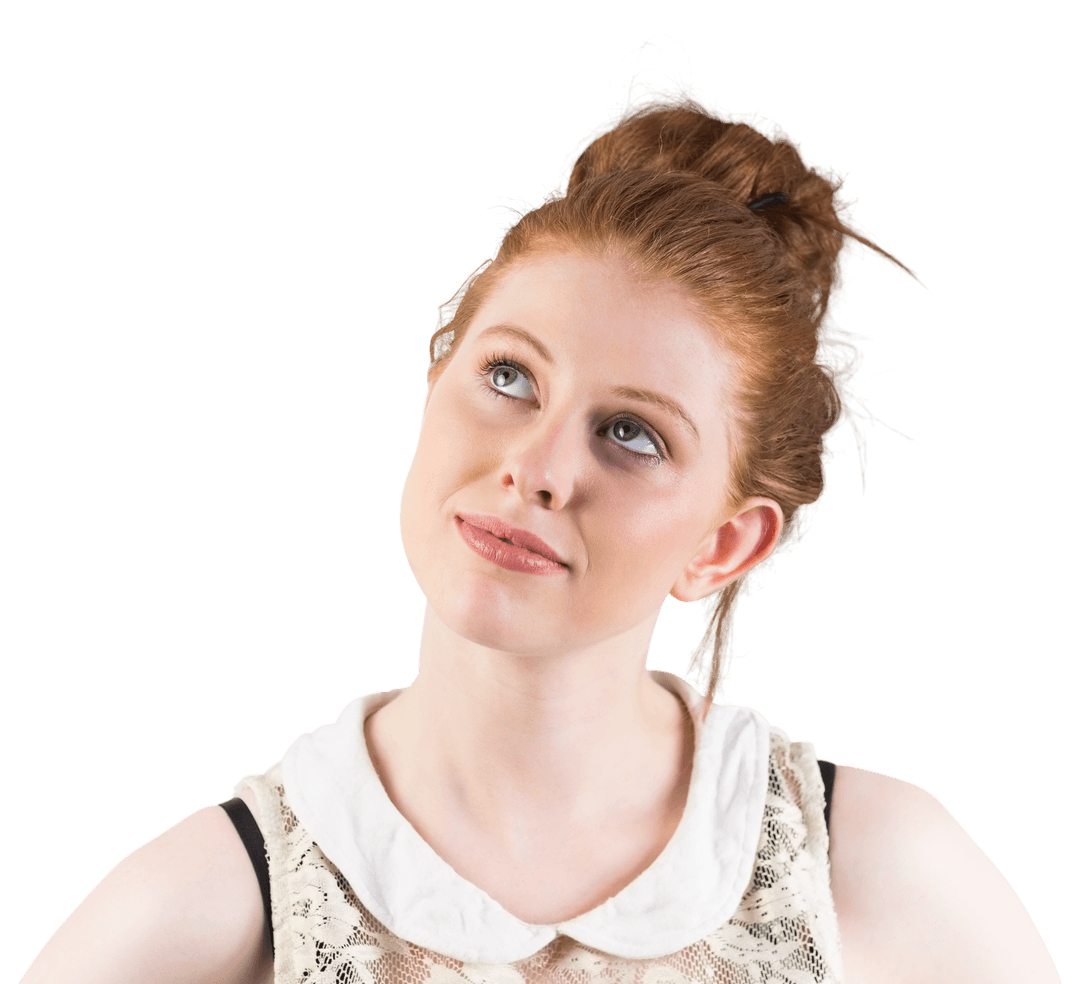 Thoughtful Redhead Woman Looking Upward on Transparent Background