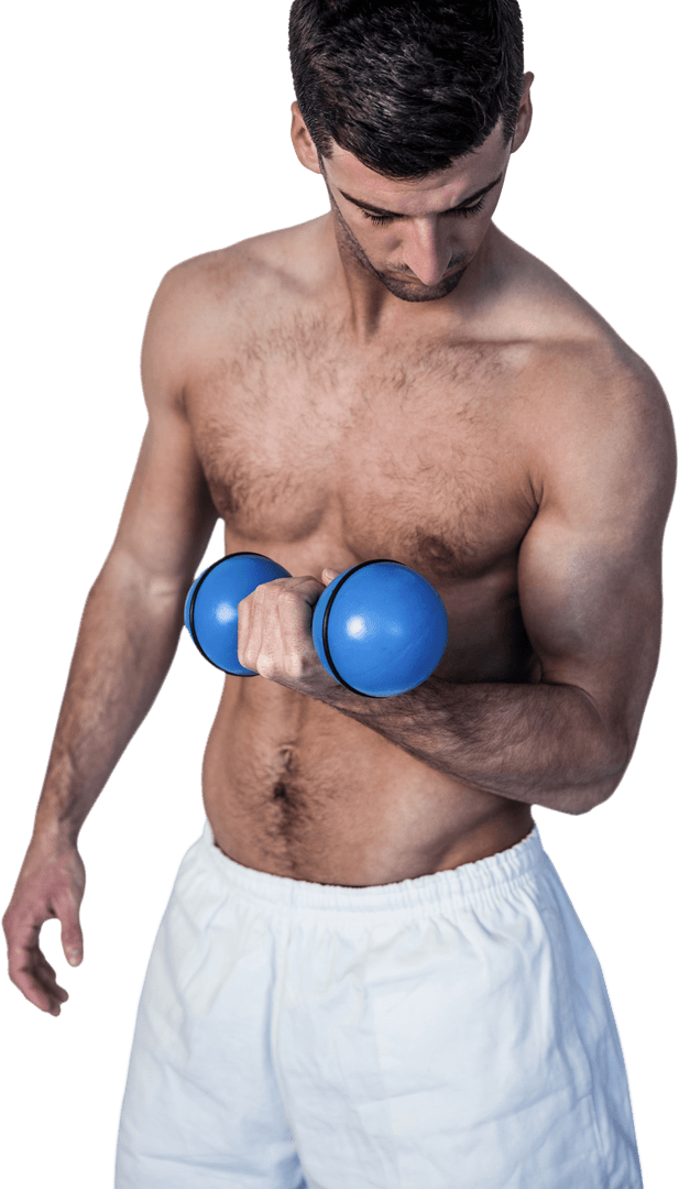 Transparent Shirtless Man Lifting Dumbbell in Workout