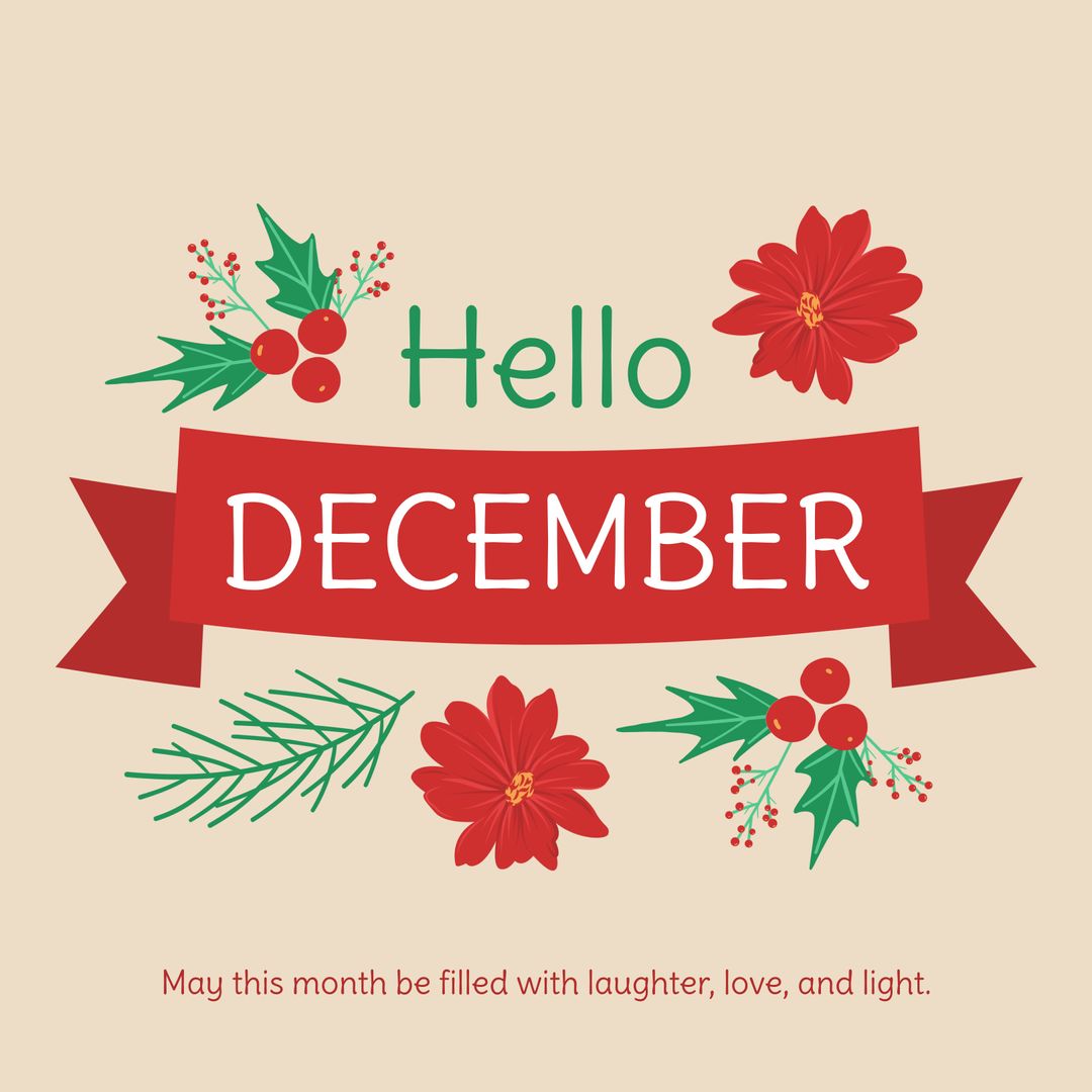 Festive Greeting with December Banner and Floral Elements