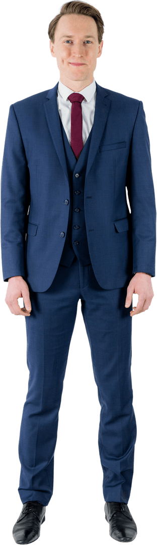 Confident Businessman Smiling in Elegant Blue Suit on Transparent Background