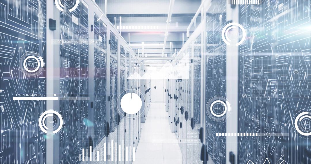 Futuristic Data Center with Technological Overlays