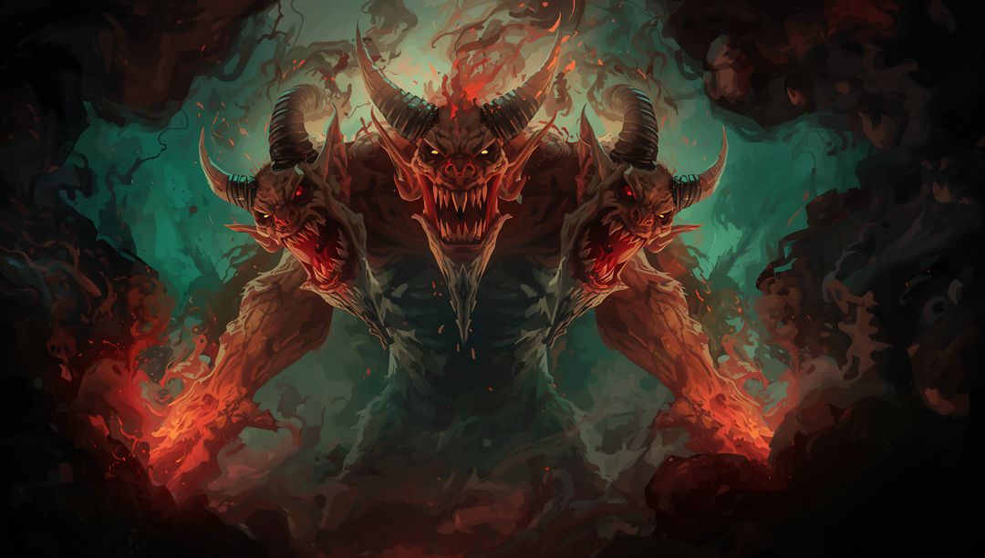 Three-Headed Demon Emerging from Flames in Caverns