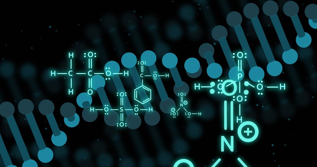 Digital DNA Strand with Chemical Structure over Black Background