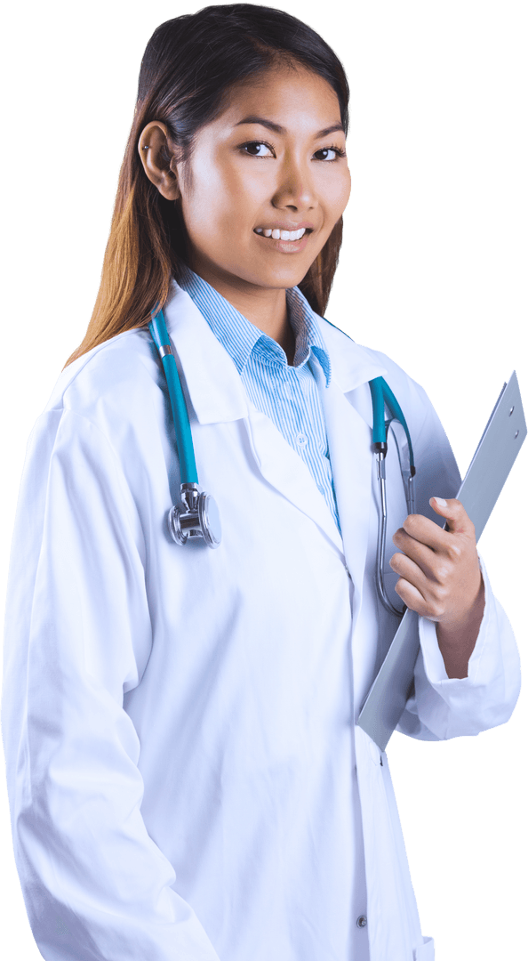 Transparent Asian Doctor Holding Clipboard with Stethoscope