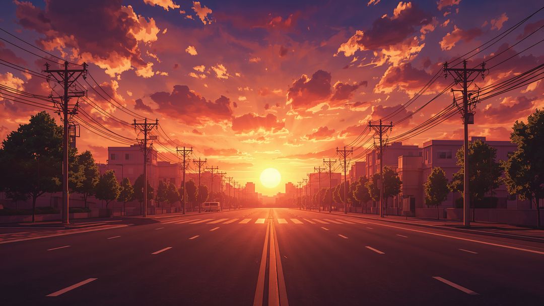 Spectacular Suburban Sunset Over Empty Street With Vibrant Sky