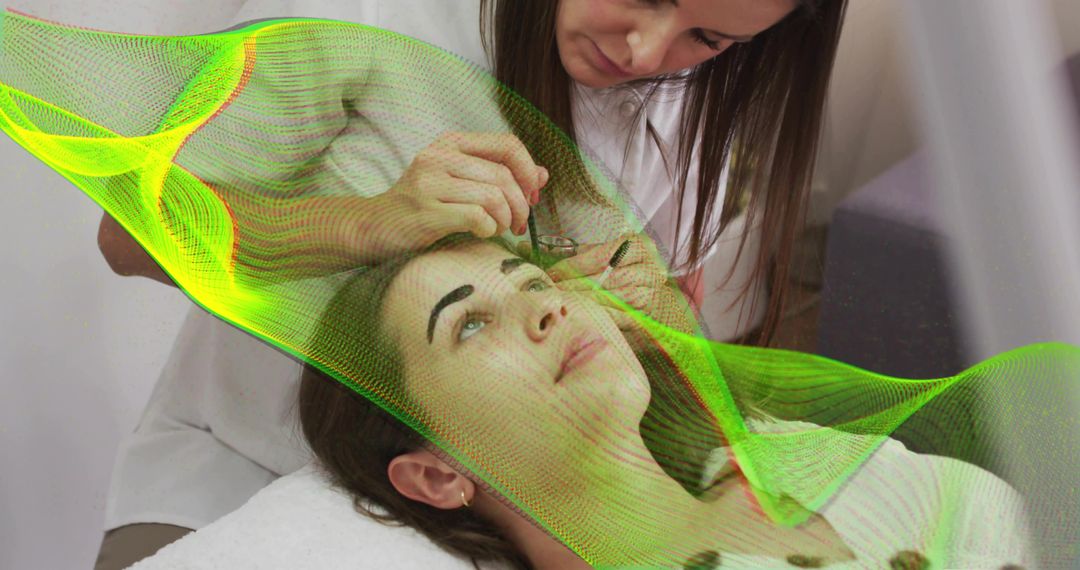 Esthetician Shaping Eyebrows with Tweezers on Reclining Client with Green Mesh Effect