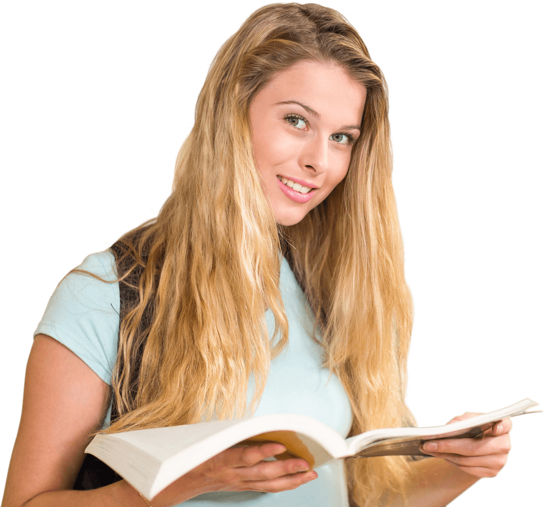 Smiling Young Woman Reading Book on Transparent Background