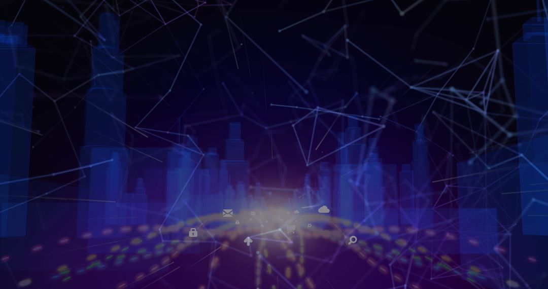 Futuristic Cityscape with Glowing Digital Interface and Icons