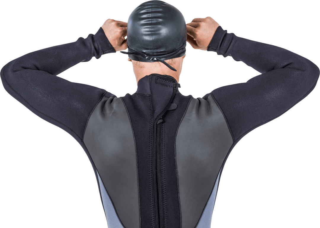 Rear View of Swimmer in Wetsuit with Goggles Isolated on Transparent Background
