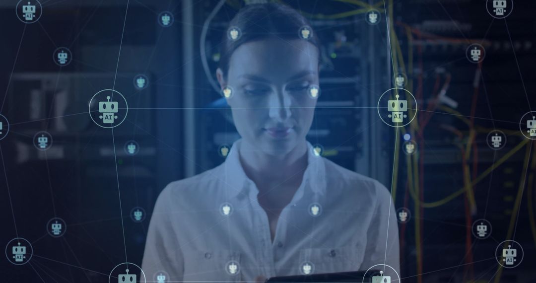 Technician Working Amid AI Chatbot Network in Server Room