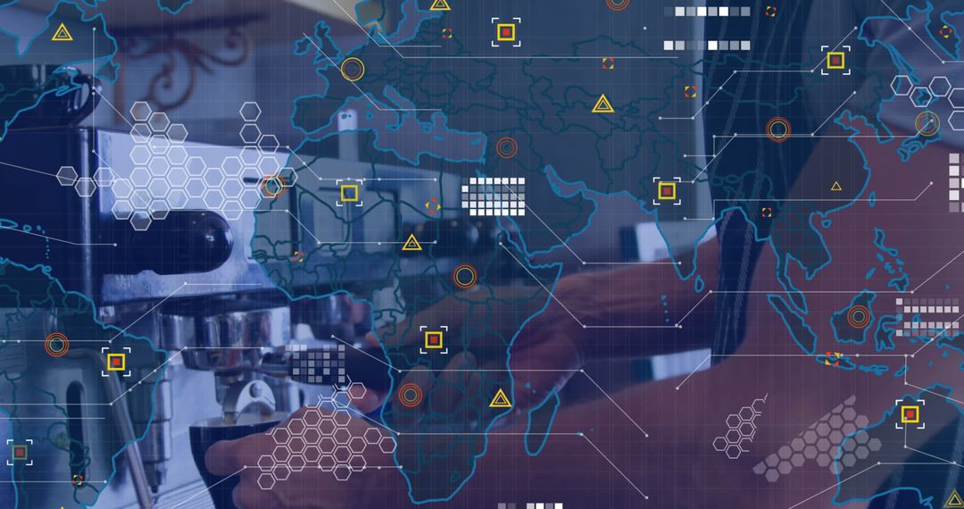 Barista Crafting Coffee with Digital Interface Overlay