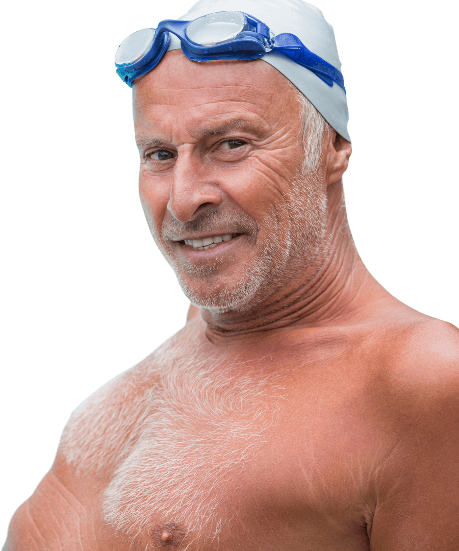Senior Swimmer Wearing Goggles on Transparent Background