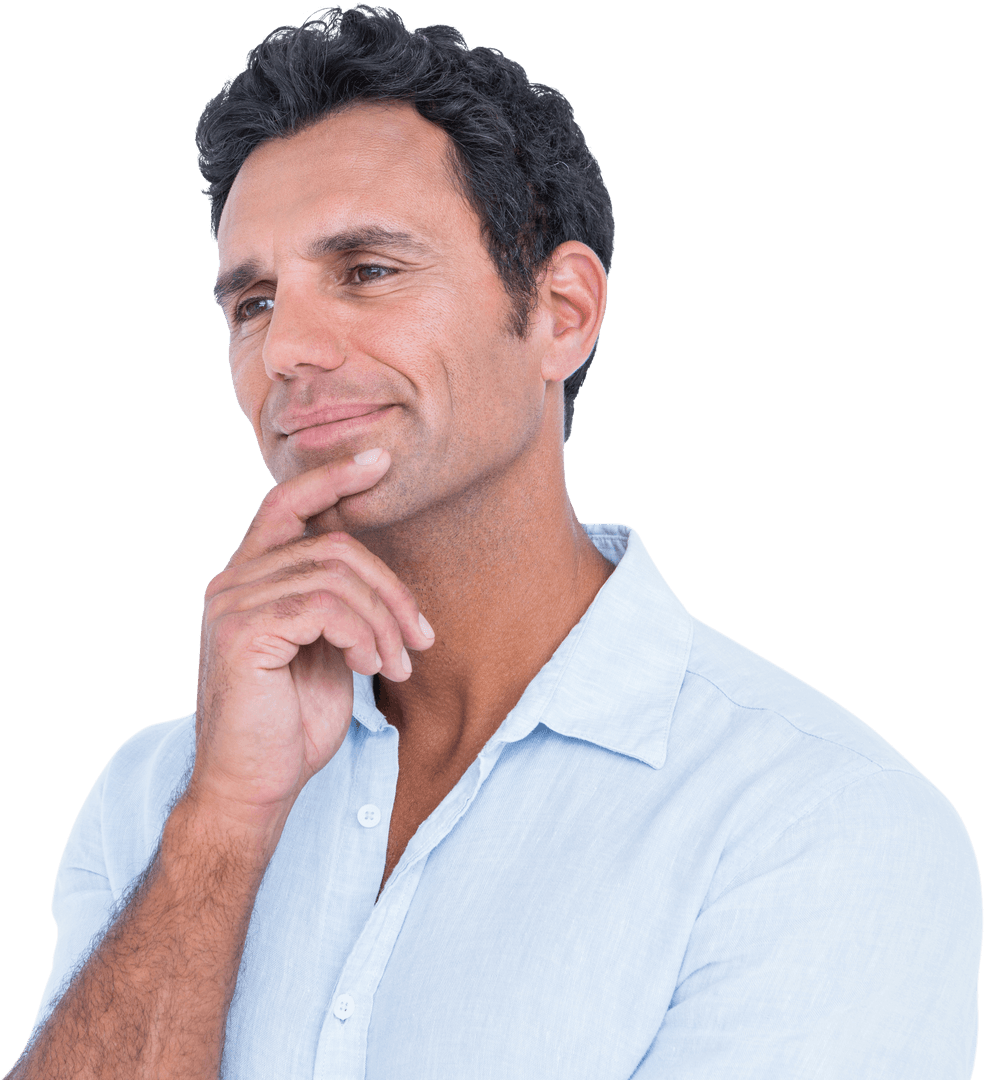 Thoughtful Modern Man Posing with Hand on Chin on Transparent Background