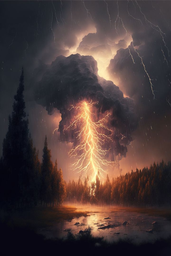 Intense Lightning Bolt Striking Forested Lake in Dramatic Thunderstorm - Free Images, Stock Photos and Pictures on Pikwizard.com