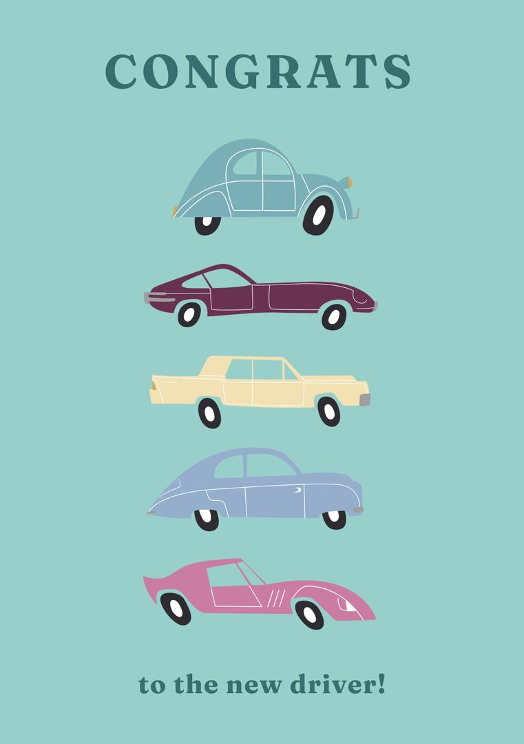 Congrats to New Driver with Colorful Retro Cars on Blue Background - Download Free Stock Templates Pikwizard.com