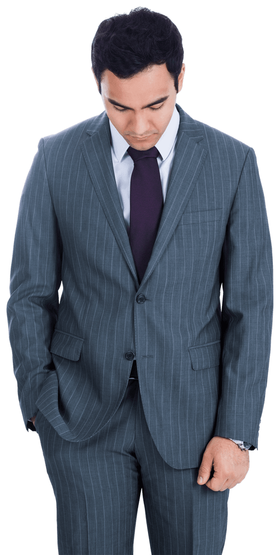 Sad Biracial Businessman on Transparent Background Looking Down