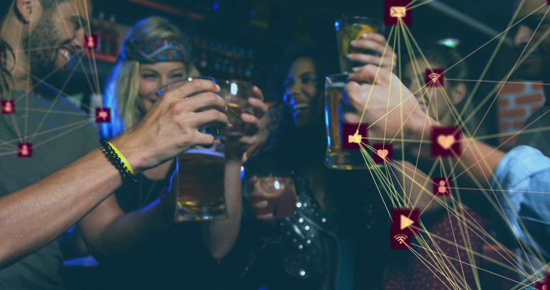 Friends Toasting in Bar Surrounded by Digital Networks Celebrating Connection