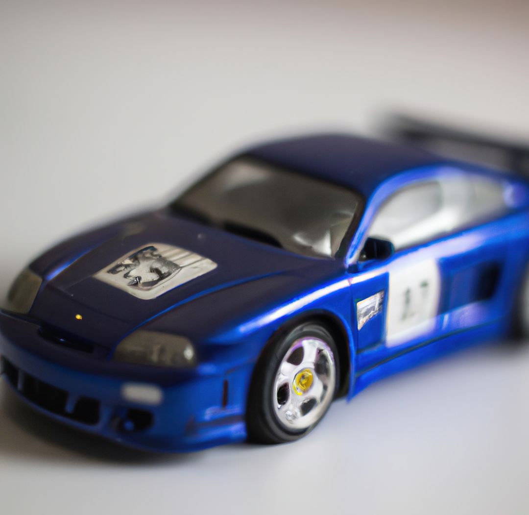 Close-Up of Blue Toy Sports Car with White Decals on White Background - Free Images, Stock Photos and Pictures on Pikwizard.com