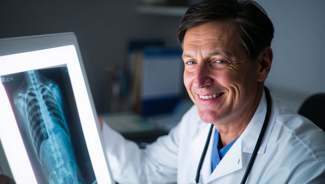Smiling doctor examining back X-ray on lightbox wearing white coat and stethoscope