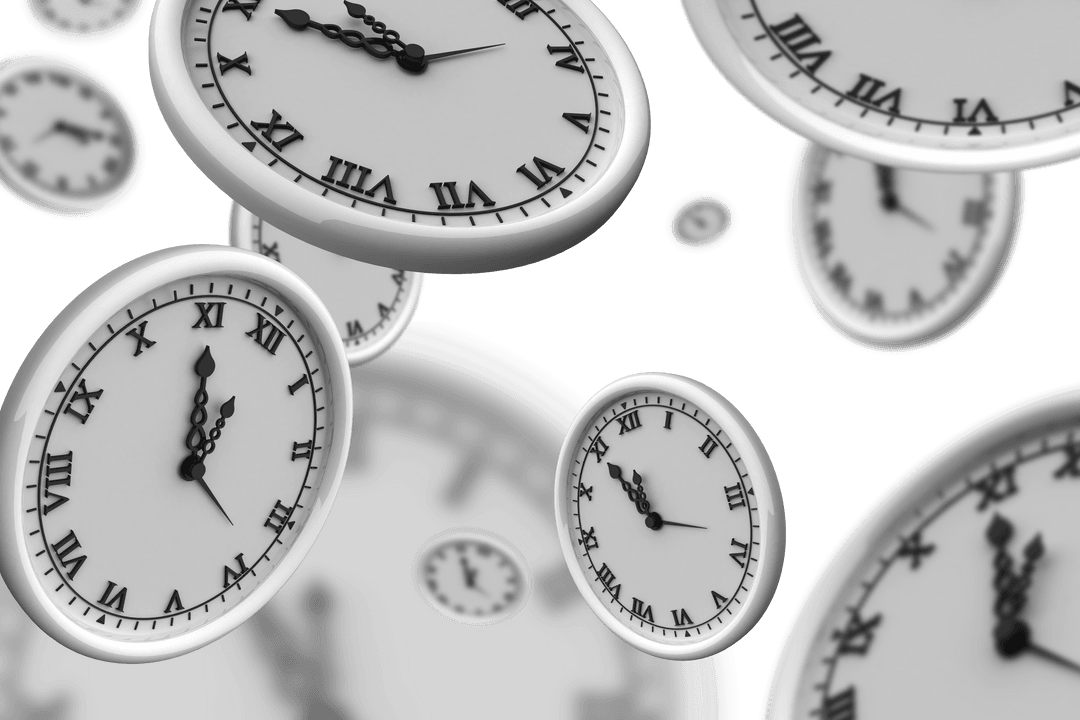 Floating Clocks on Transparent Background Symbolizing Time Essence