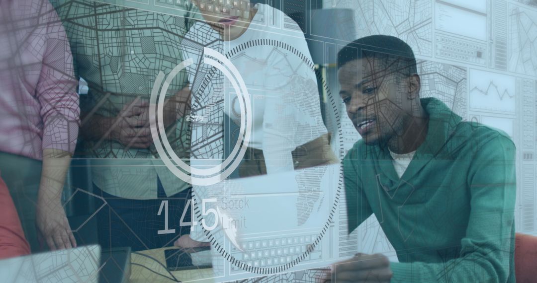 Team Analyzing Holographic Display with Interactive Maps in Modern Office