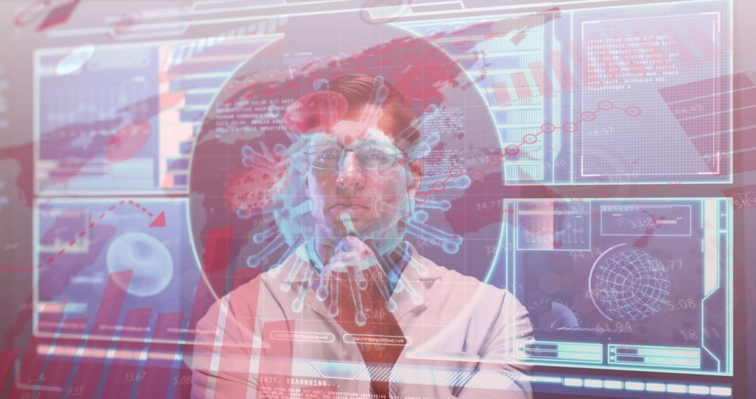 Doctor Analyzing COVID-19 Data with Hi-Tech Interface