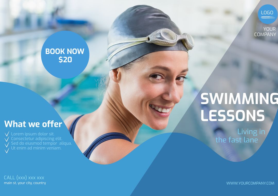 Smiling Woman in Goggles Promoting Swimming Lessons with Enthusiasm - Download Free Stock Templates Pikwizard.com