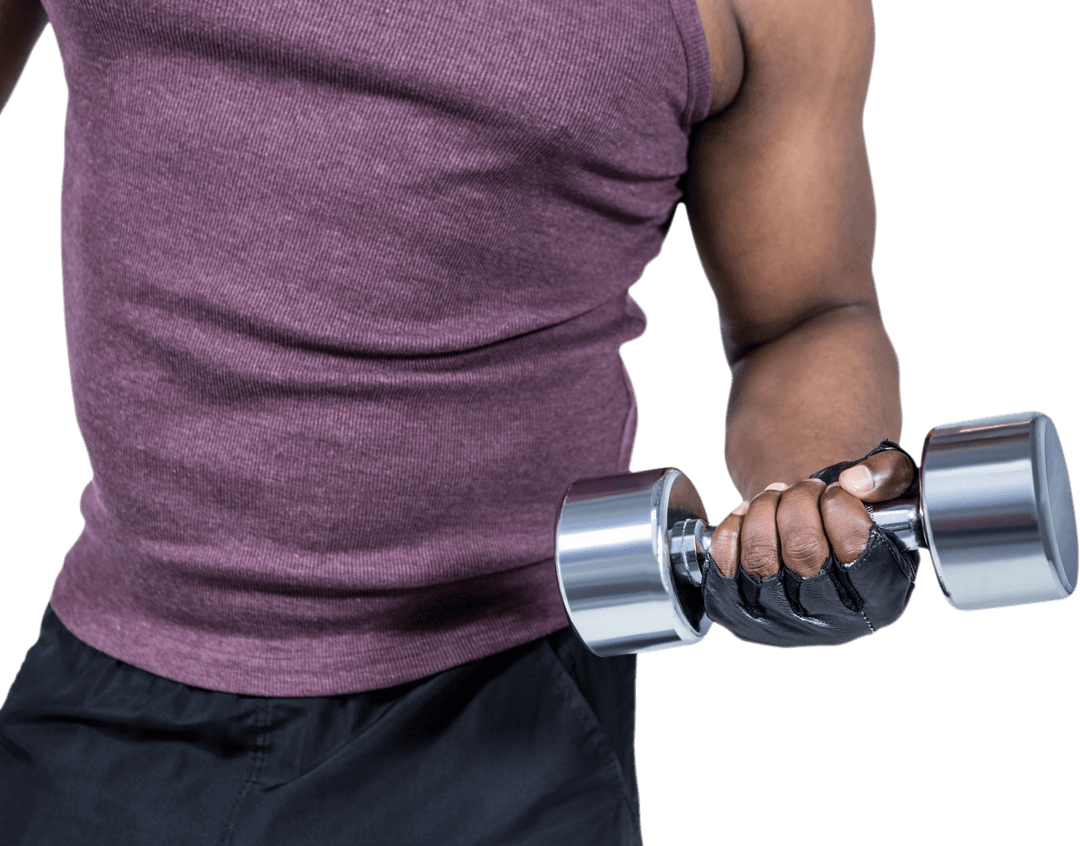 Fit Black Man in Gym Lifting Silver Dumbbell on Transparent Background