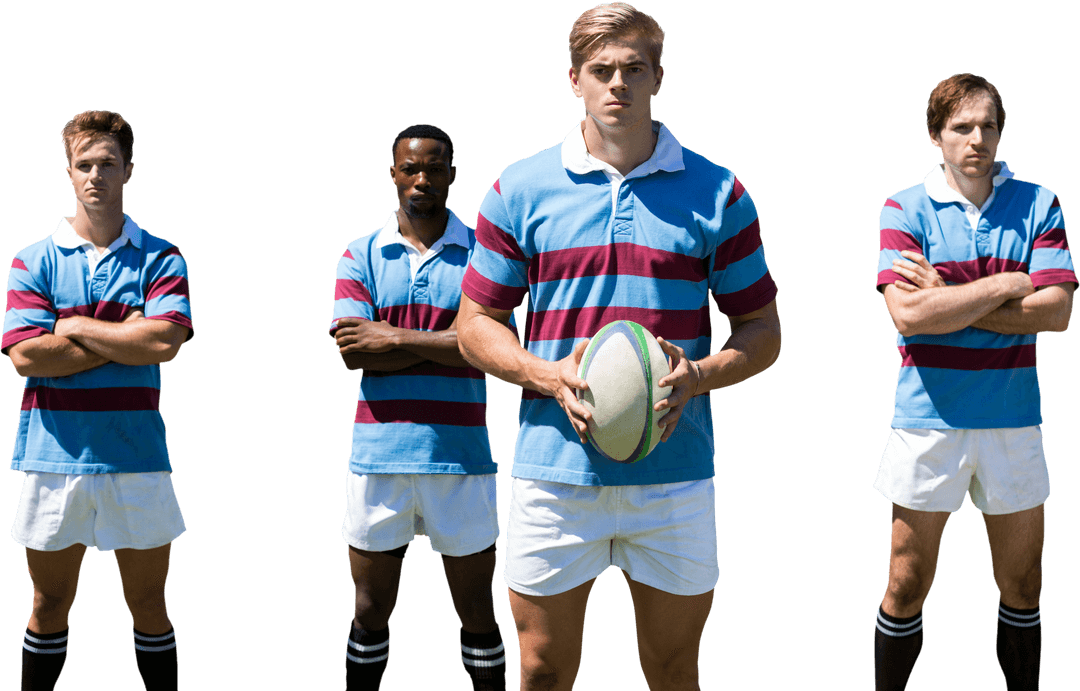 Rugby Players Posed with Rugby Ball on Transparent Background