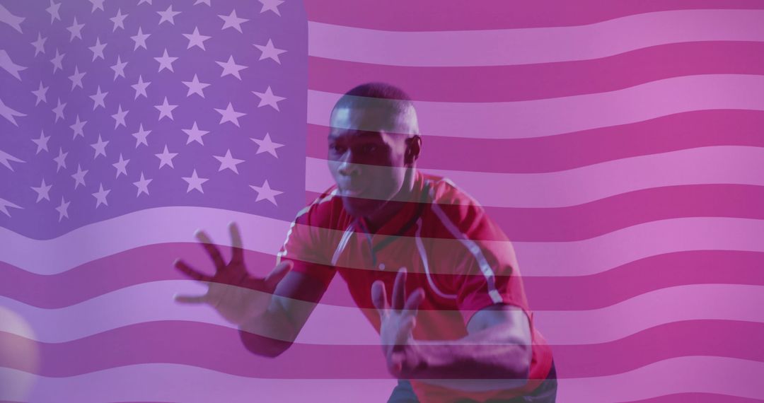 Determined Athlete Preparing to Catch Volleyball with American Flag