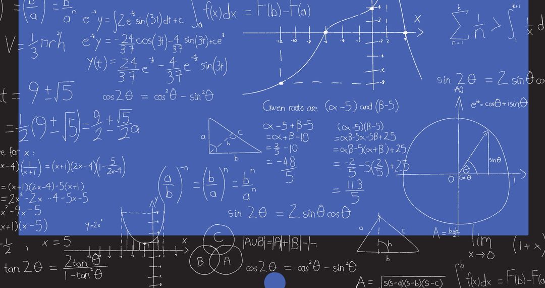 Mathematical Equations on Blue Background with Graphs