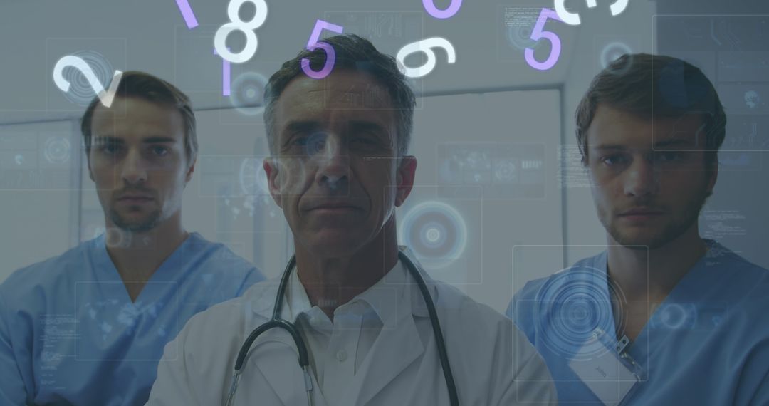 Advanced Medical Technology with Three Doctors and Digital Data Overlay