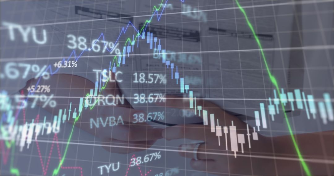 Digital Trading Graphs Displayed Over Reading Businesswoman
