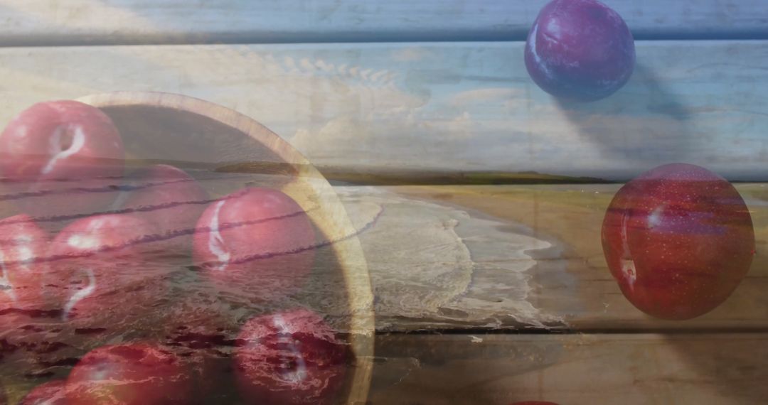 Fruit Bowl with Red Plums and Surreal Beach Overlay