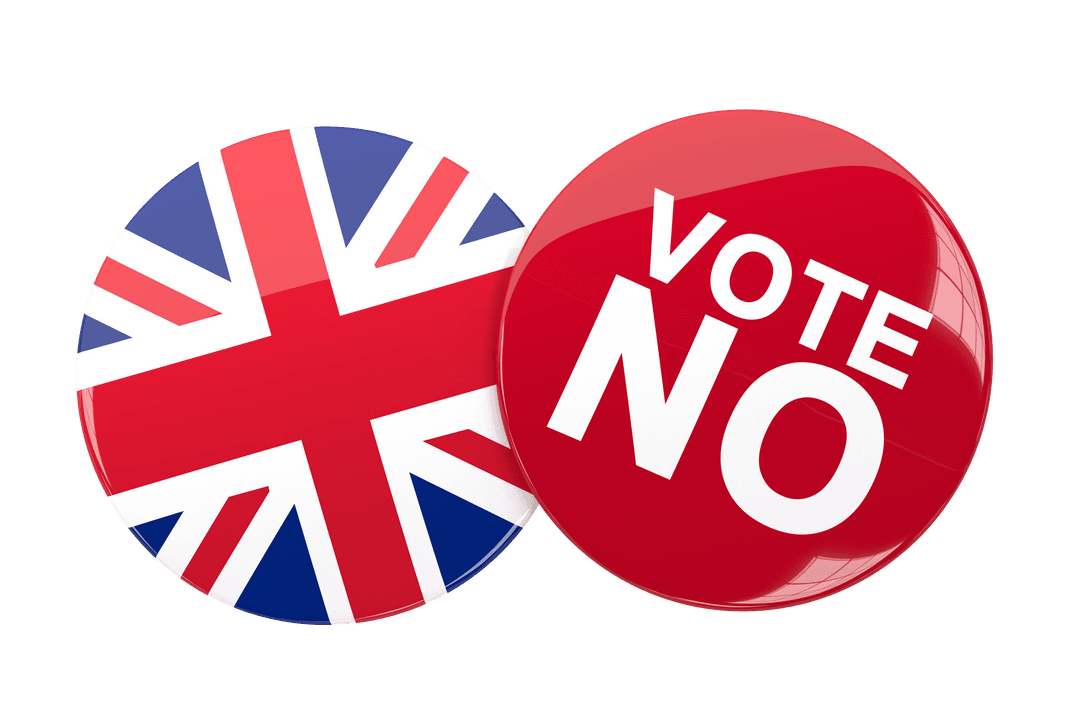 Transparent Political Button with British Flag Vote No Text