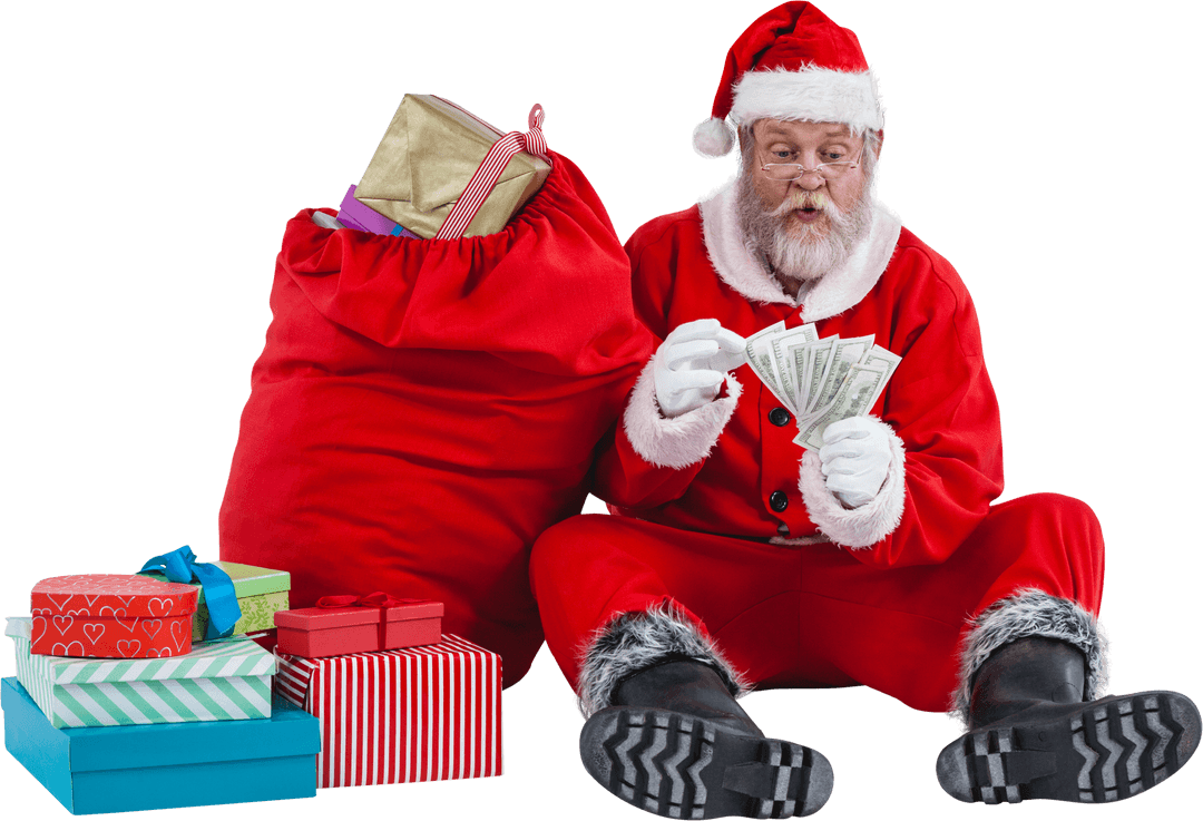 Santa Claus Checking Money Sitting Beside Gift Sack Transparent Background