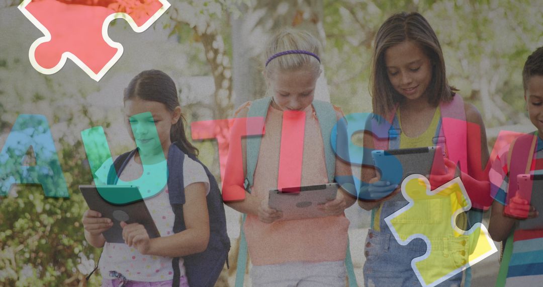 Children with Tablets Surrounded by Autism Awareness Symbols