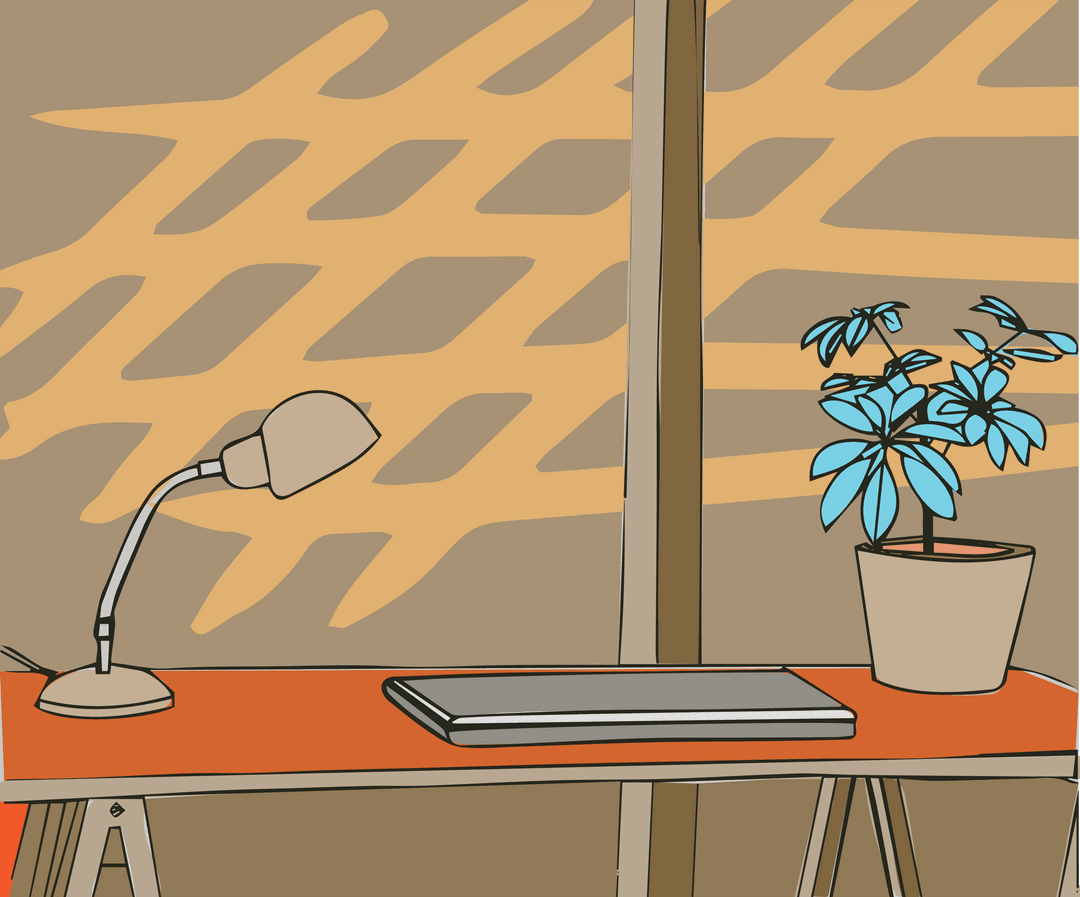 Transparent Office Workspace with Laptop, Lamp, and Potted Plant