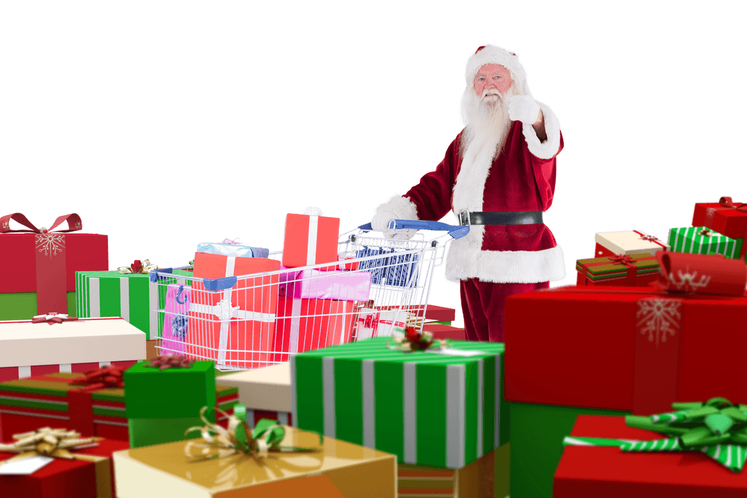 Santa Claus with Shopping Cart in Front of Huge Holiday Gift Pile Transparent Illustration