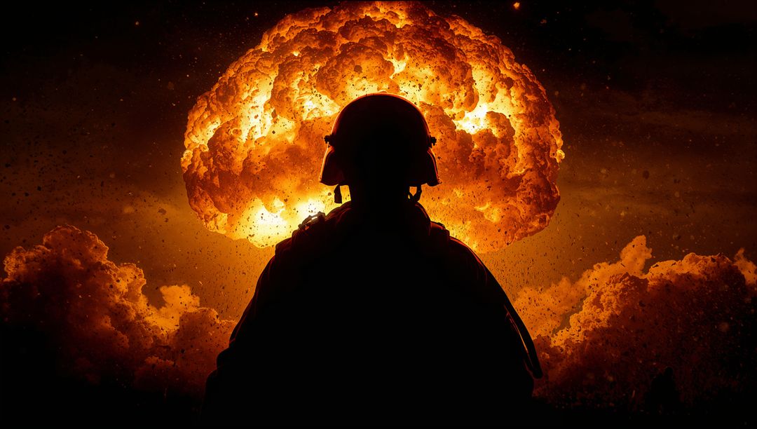Silhouetted Soldier Facing Catastrophic Explosion in Dystopian War Zone