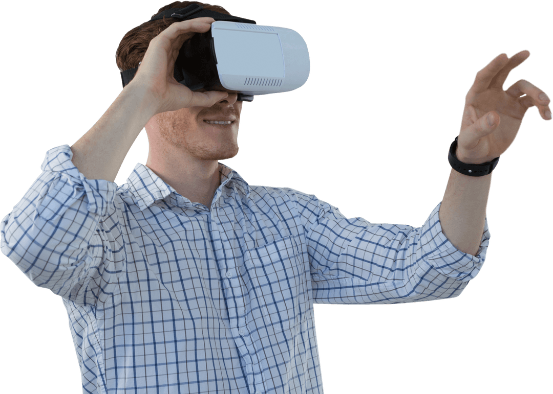 Caucasian Man Experiencing Virtual Reality with VR Headset