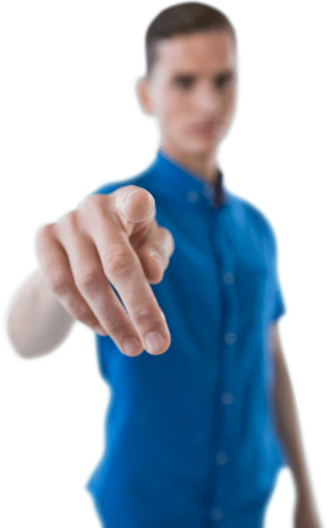 Man Touching Transparent Interface, Blue Shirt