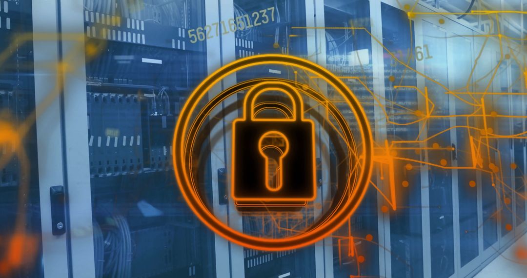 Cyber Security Concept with Padlock Overlay on Server Room